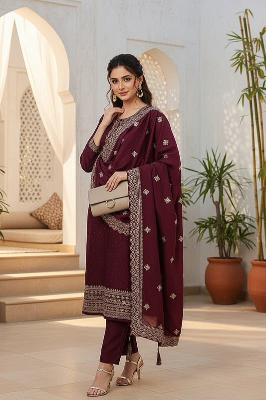 Burgundy Silk Blend Solid Straight Kurta Trousers With Dupatta PKSKD1759