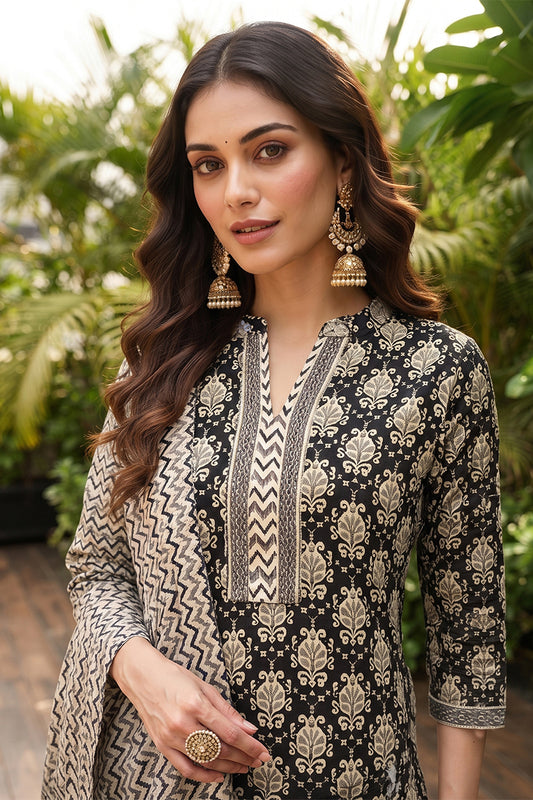 Black Rayon Blend Ethnic Motifs Straight Suit Set VKSKD1673