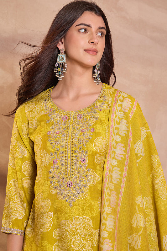 Yellow Poly Silk Floral Printed Straight Kurta Trouser With Dupatta VKSKD3209