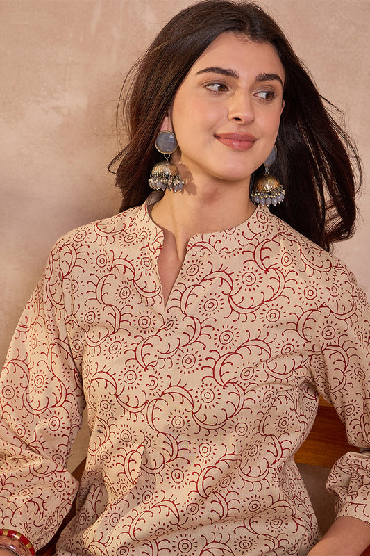 Beige Cotton Ethnic Motifs Printed Top VT1430
