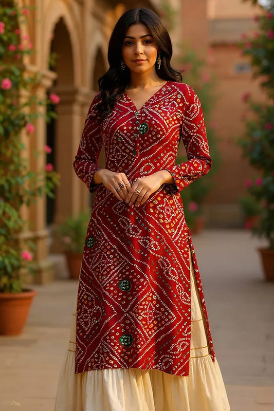 Rayon Blend Red And Beige Bandhani Printed Straight Kurta VCK1708E