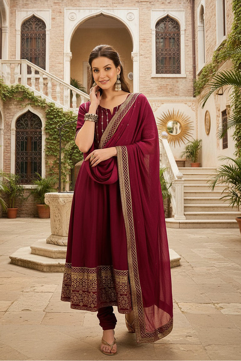 Magenta Silk Blend Woven Design Anarkali Suit Set PKSKD2066