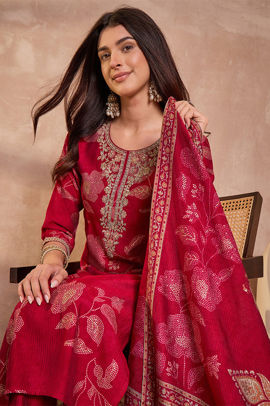 Pink Silk Blend Floral Printed Straight Kurta Trouser With Dupatta PKSKD3218