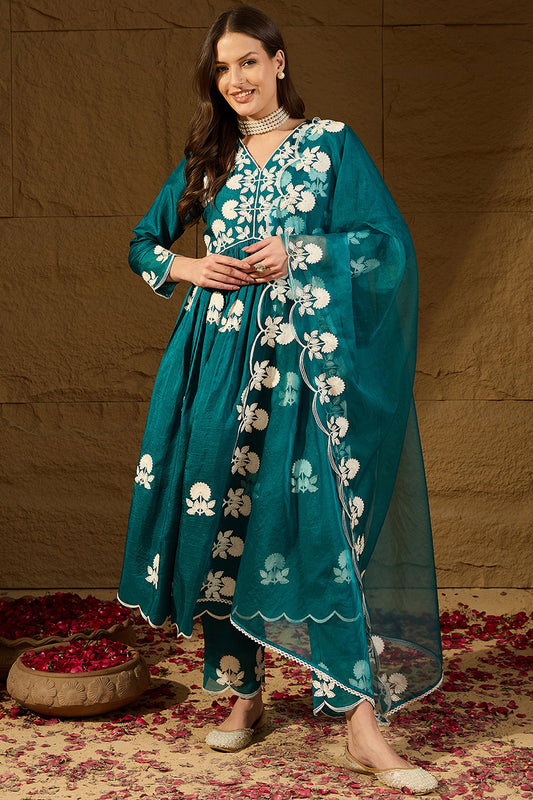 Teal Silk Blend Solid Embroidered A-Line Kurta Trouser With Dupatta PKSKD2824