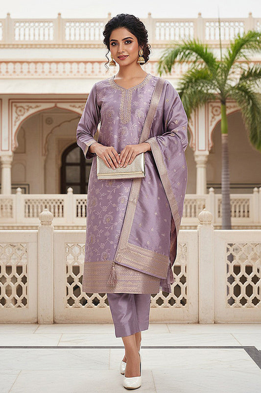 Lavender Silk Blend Ethnic Motifs Woven Design Straight Suit Set PKSKD2405
