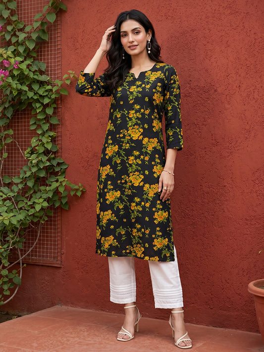 Rayon Black Floral Digital Printed Regular Kurta VCK9822