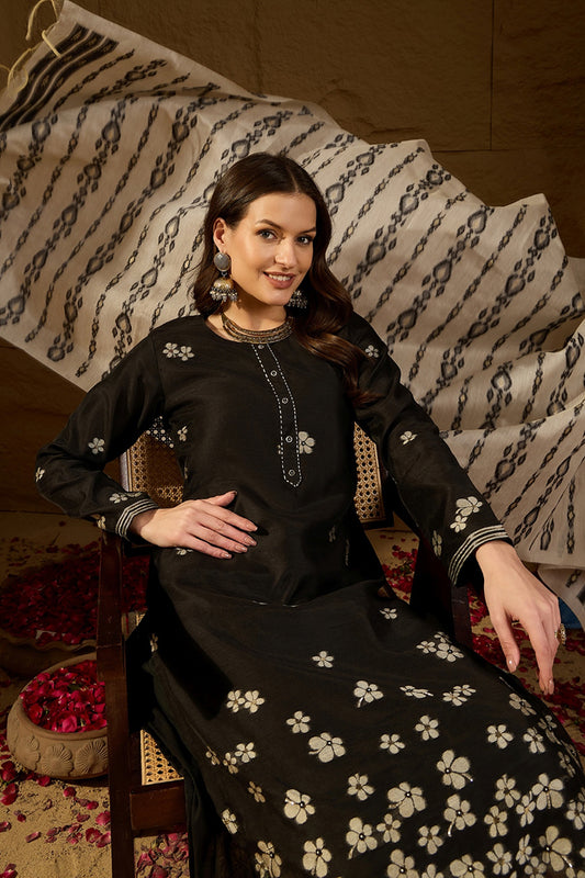 Black Poly Chanderi Solid Embroidered Straight Kurta Bottom and Dupatta PKSKD2900