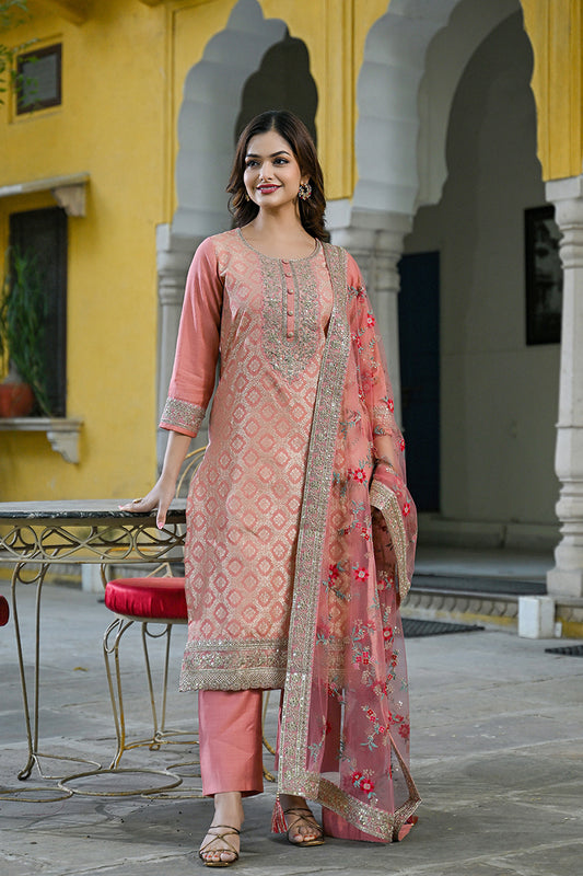 Peach Silk Blend Solid Woven Design Straight Kurta Trousers With Dupatta PKSKD2924