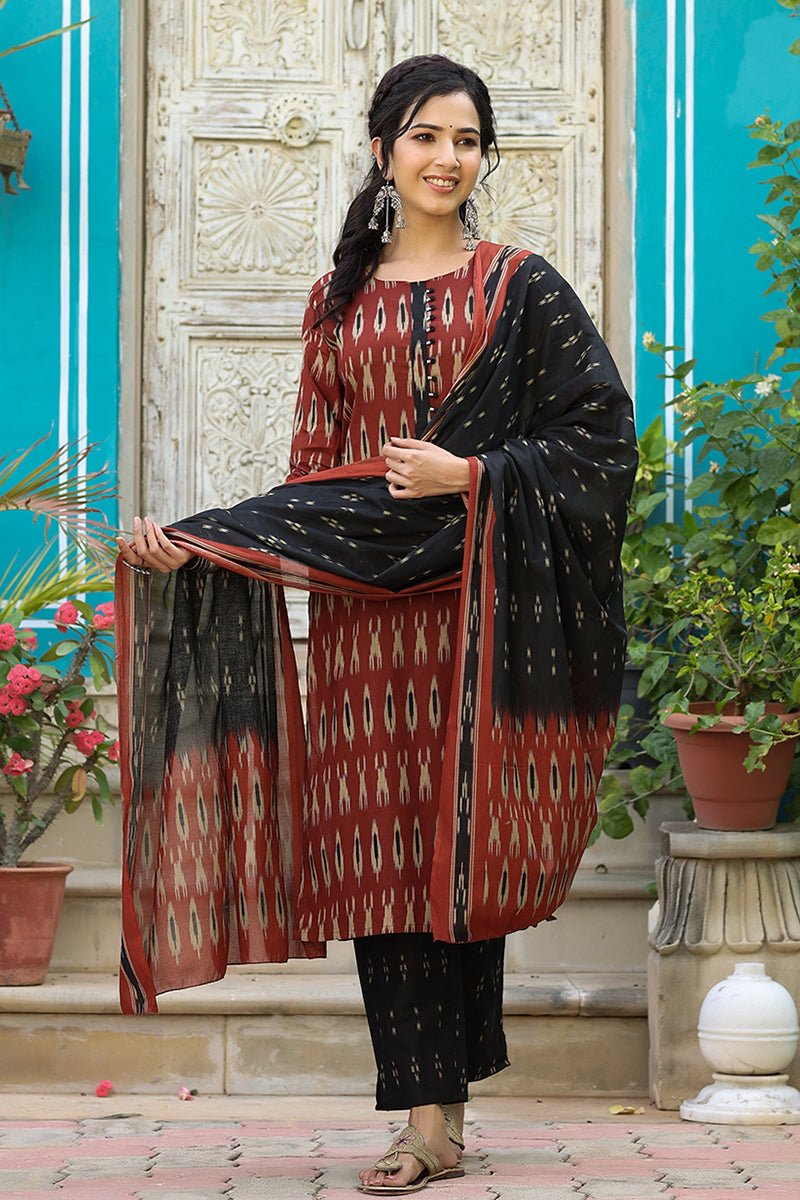 Brown Rayon Blend Straight Kurta Pant With Dupatta VKSKD1304