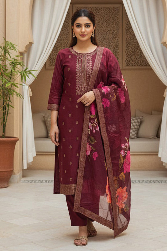 Maroon Silk Blend Ethnic Motifs Stoning Straight Kurta Trouser with Dupatta SKSKD3092