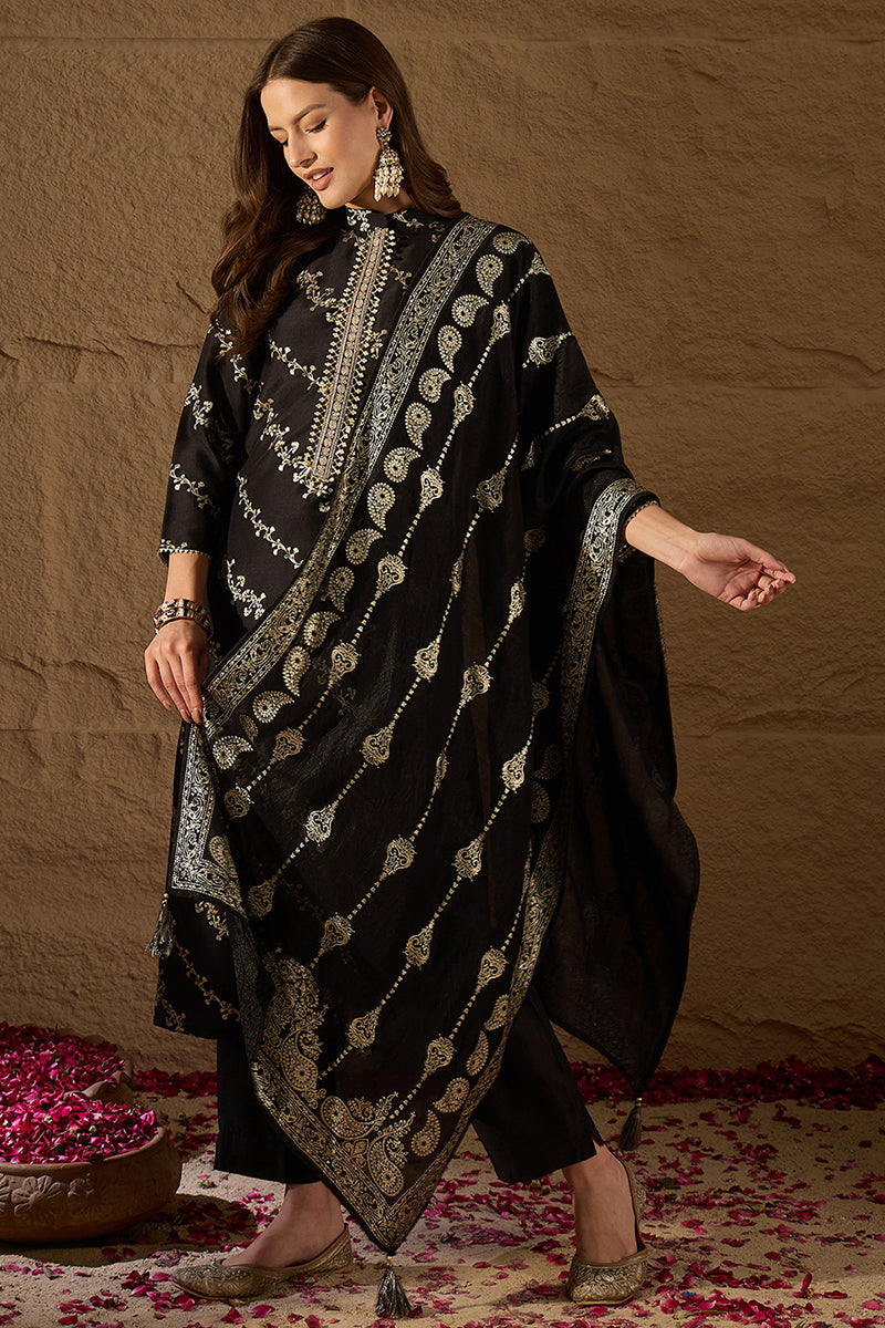 Black Silk Blend Ethnic Motifs Printed Straight Kurta Sets SKSKD3042