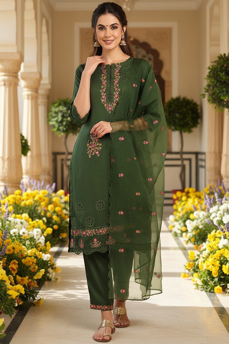 Green Silk Blend Solid Embroidered Straight Trouser Bottom Suit Set PKSKD2635