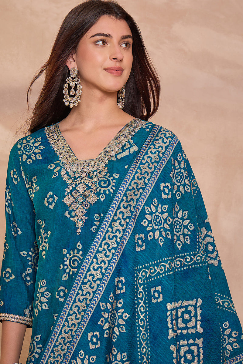 Blue Silk Blend Floral Printed Straight Regular Kurta Set PKSKD3226