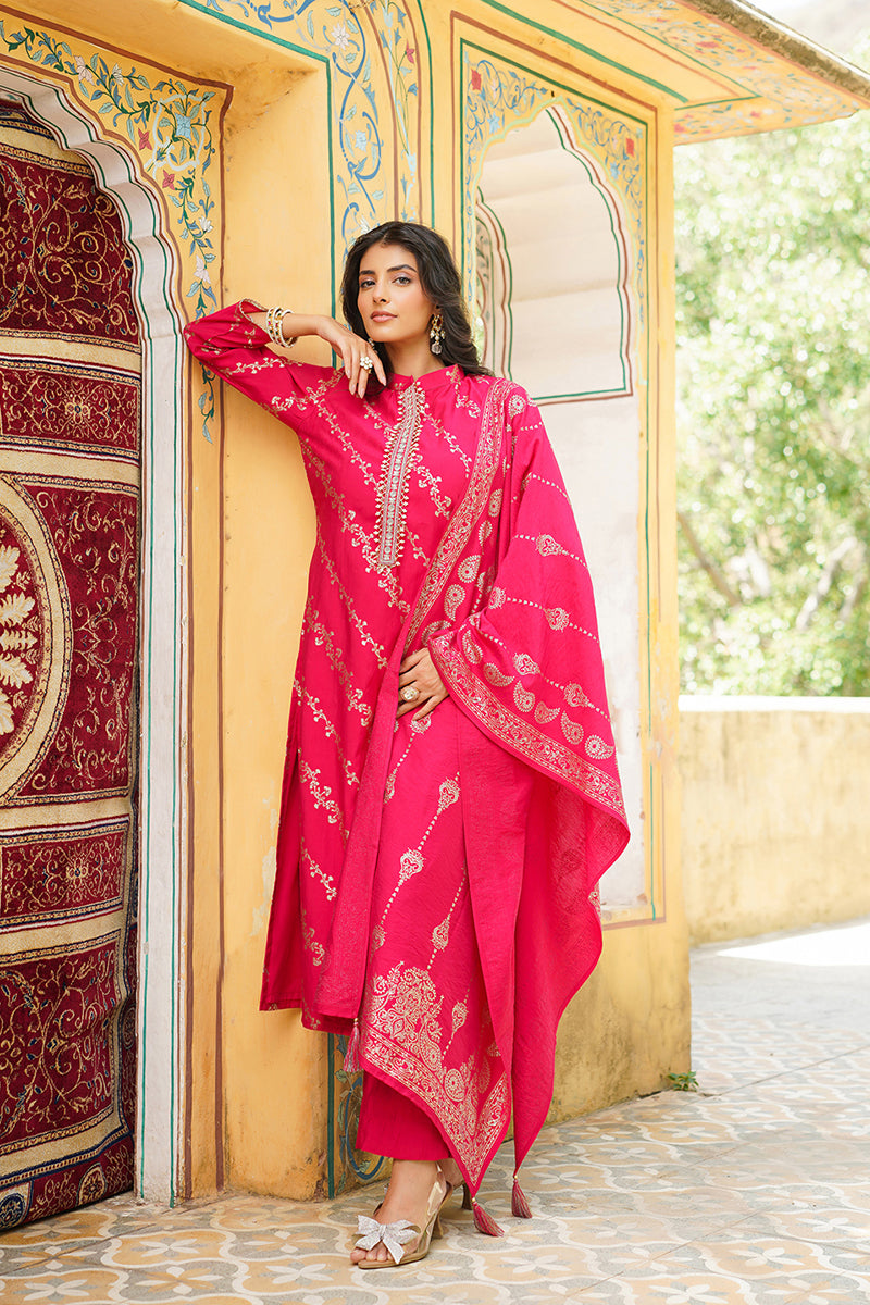 Pink Silk Blend Floral Printed Straight Kurta Trousers With Dupatta SKSKD3044