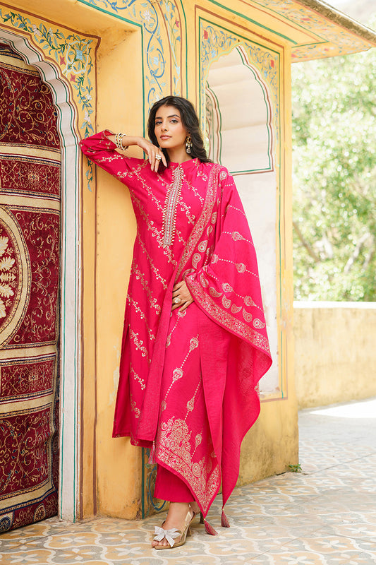 Pink Silk Blend Floral Printed Straight Kurta Trousers With Dupatta SKSKD3044