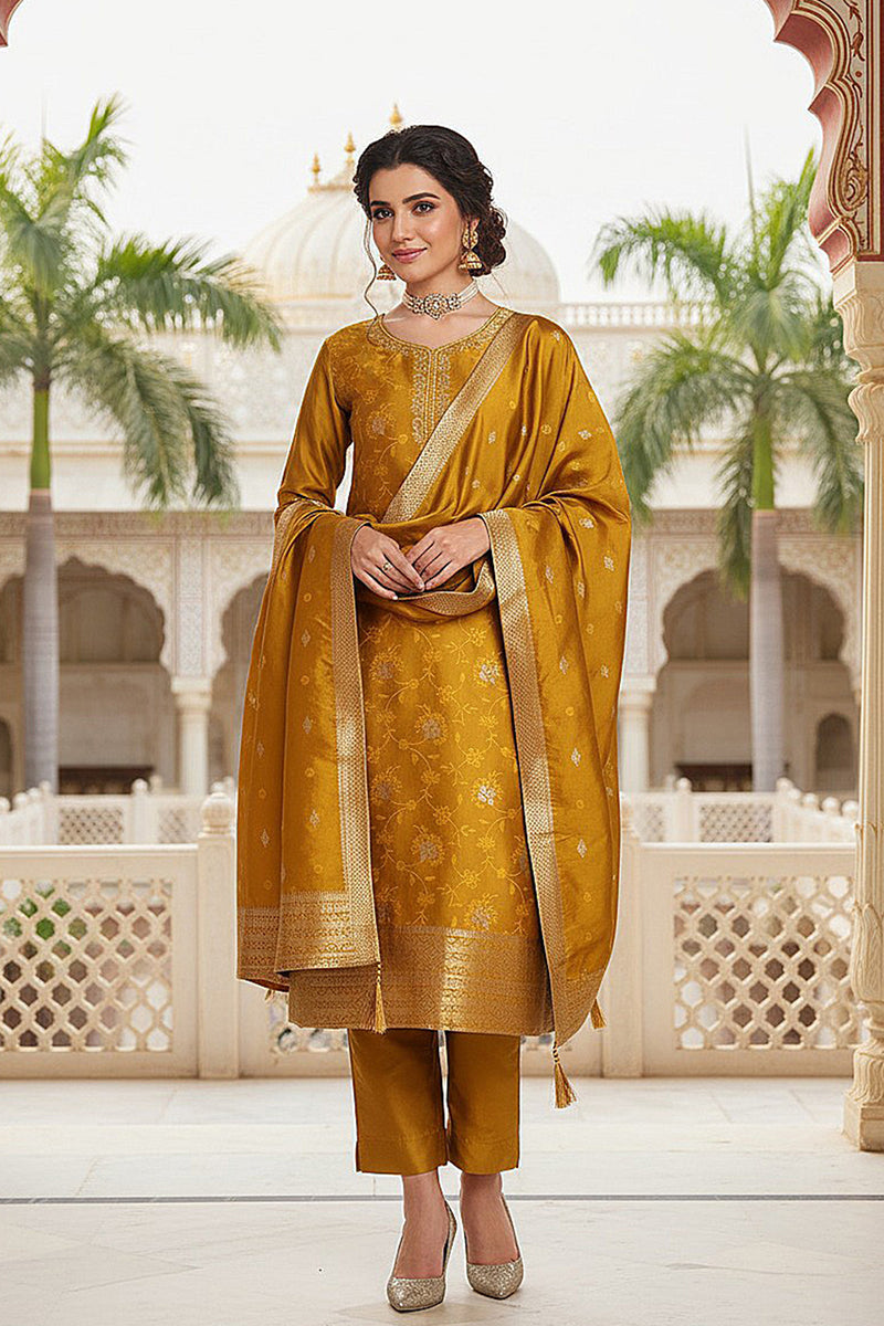 Mustard Yellow Silk Blend Ethnic Motifs Woven Design Straight Suit Set PKSKD2406
