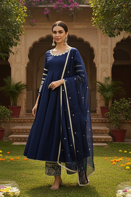 Navy Blue Silk Blend Solid Embroidered Anarkali Suit Set PKSKD2212