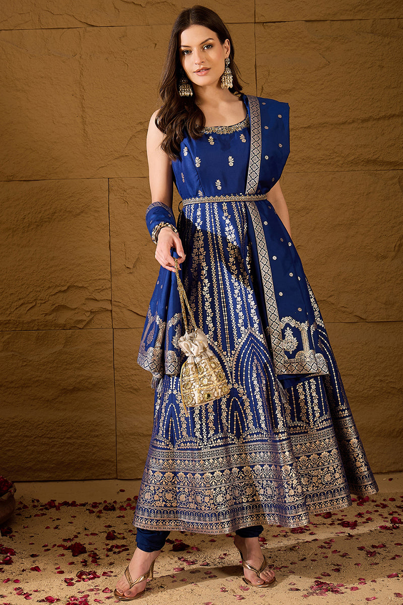 Blue Silk Blend Solid Embroidered Anarkali Kurta Bottom and Dupatta PKSKD3020
