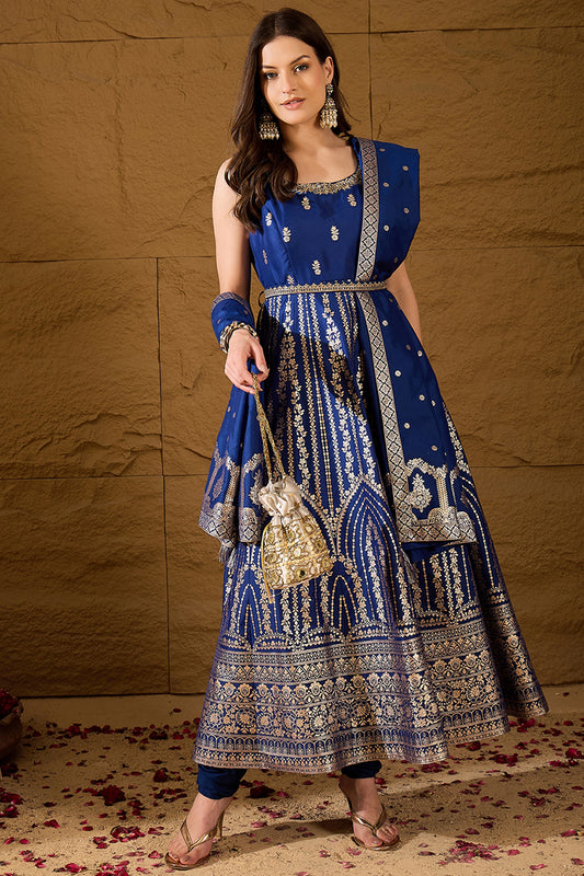 Blue Silk Blend Solid Embroidered Anarkali Kurta Bottom and Dupatta PKSKD3020