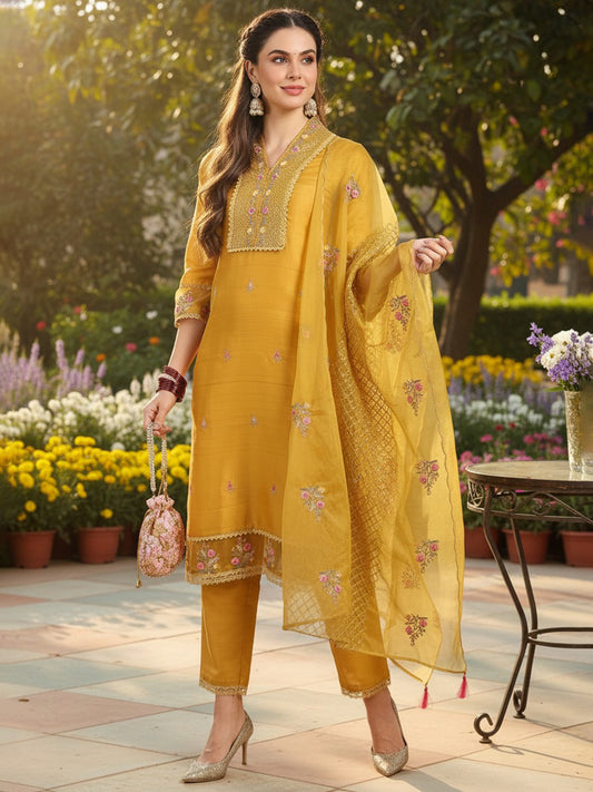 Mustard Yellow Silk Blend Floral Embroidered Straight Suit Set PKSKD2240
