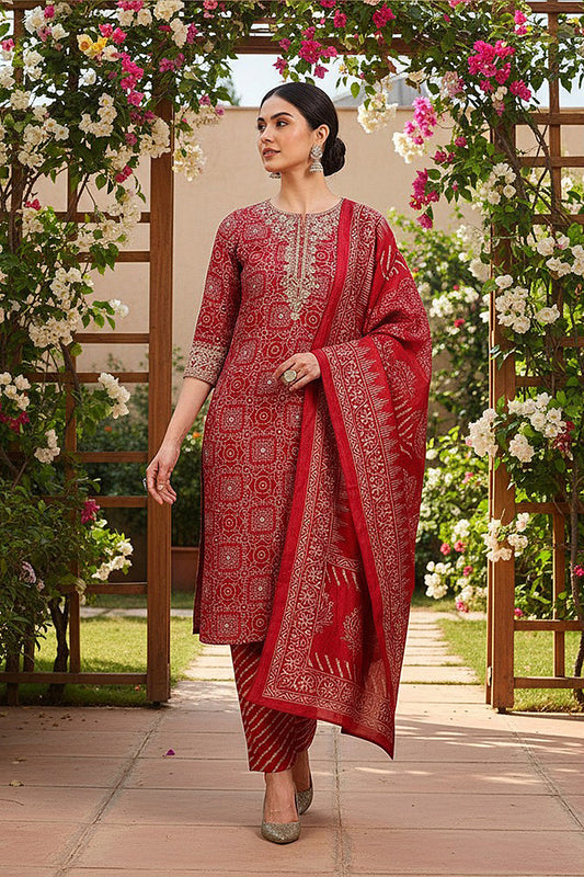 Maroon Silk Blend Ethnic Motifs Printed Straight Suit Set PKSKD2201