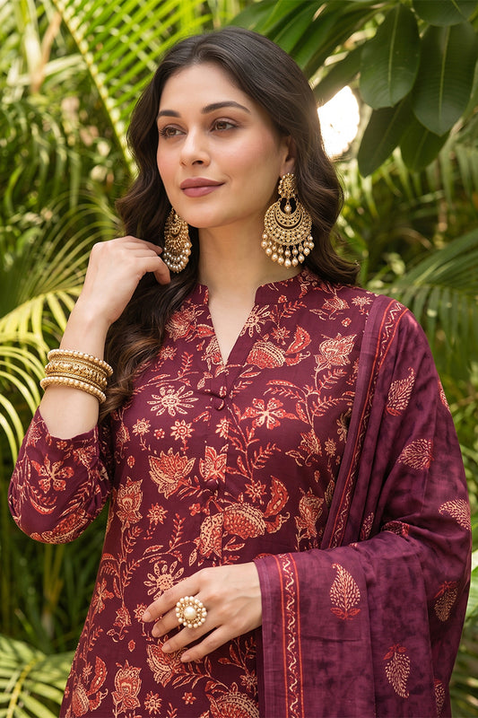 Maroon Rayon Blend Floral Printed Straight Suit Set VKSKD2149