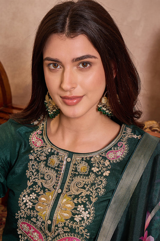 Green Silk Blend Solid Embroidered Straight Kurta Trouser With Dupatta PKSKD3101