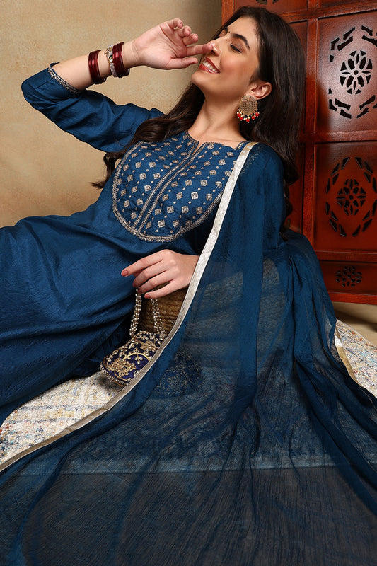 Silk Blend Blue Embroidered Straight Kurta Pant With Dupatta PKSKD1820