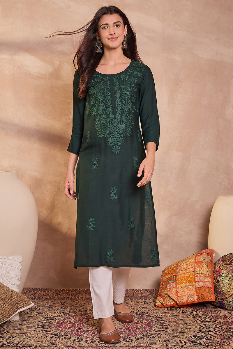 Green Viscose Rayon Emboidered Kurti VCK9797