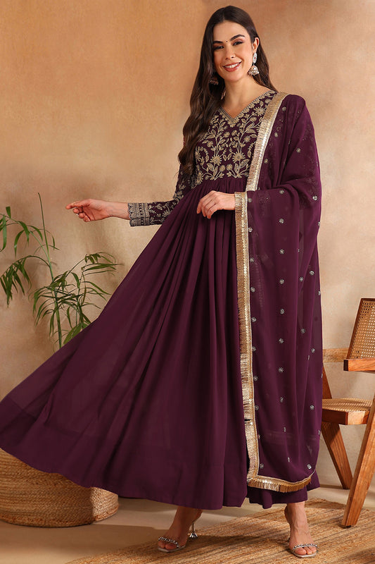 Wine Georgette Solid Embroidered Anarkali Gown with Dupatta VKSET1520WIN