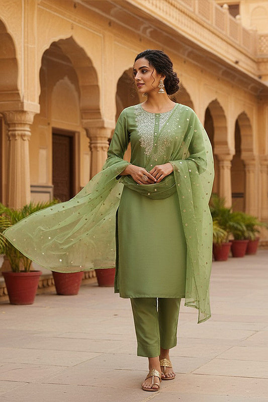Green Poly Silk Solid Yoke Design Kurta Trousers With Dupatta PKSKD1589