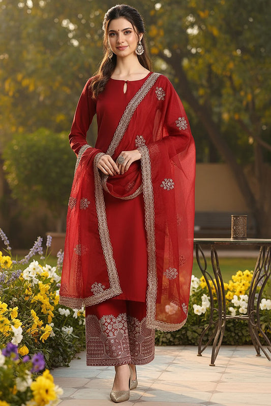 Mustard Yellow Silk Blend Floral Embroidered Straight Suit Set PKSKD2240