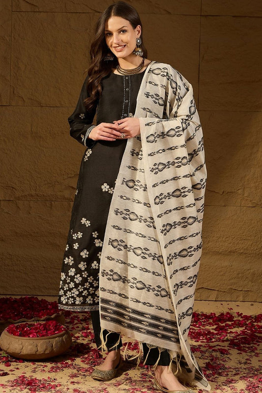 Black Poly Chanderi Solid Embroidered Straight Kurta Bottom and Dupatta PKSKD2900