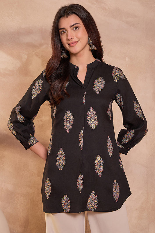 Black Cotton Blend Floral Printed Top VT1360