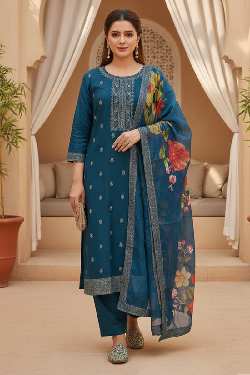 Blue Silk Blend Ethnic Motifs Stoning Straight Kurta Trouser with Dupatta SKSKD3090