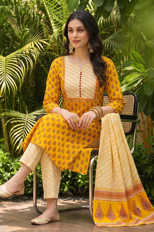Yellow Rayon Blend Straight Suit Set VKSKD1042