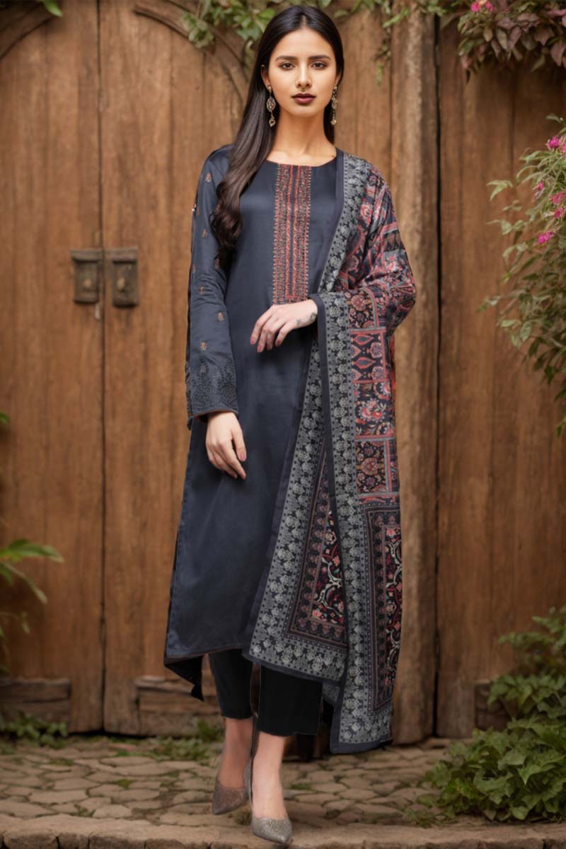 Grey Pure Cotton Ethnic Motifs Straight Suit Set VKSKD1949