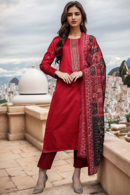 Red Pure Cotton Ethnic Motifs Straight Suit Set VKSKD1950