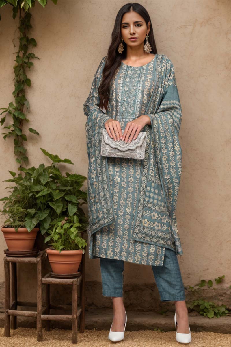 Grey Silk Blend Printed Straight Suit Set PKSKD2001