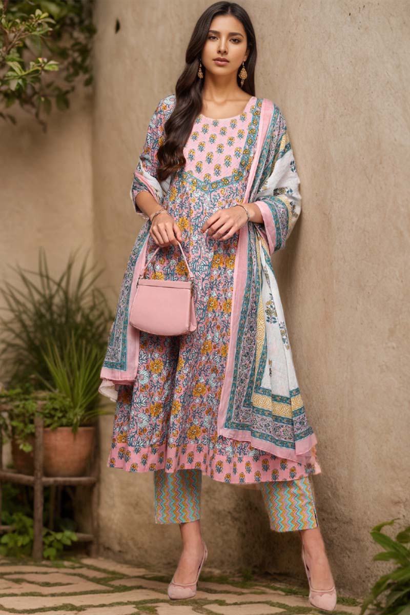 Peach Pure Cotton Printed Flared Suit Set VKSKD1969