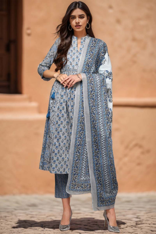 Grey Pure Cotton Printed Flared Suit Set VKSKD1967