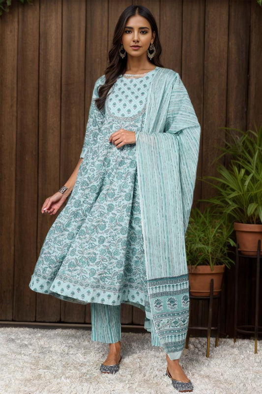 Sea Green Pure Cotton Floral Printed Anarkali Suit Set VKSKD2018