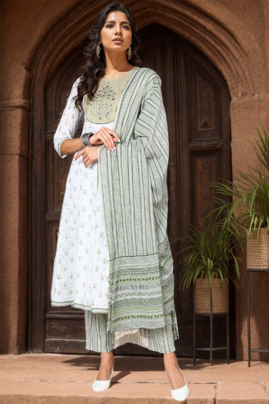 Green Pure Cotton Ethnic Motifs Printed Anarkali Suit Set VKSKD2054