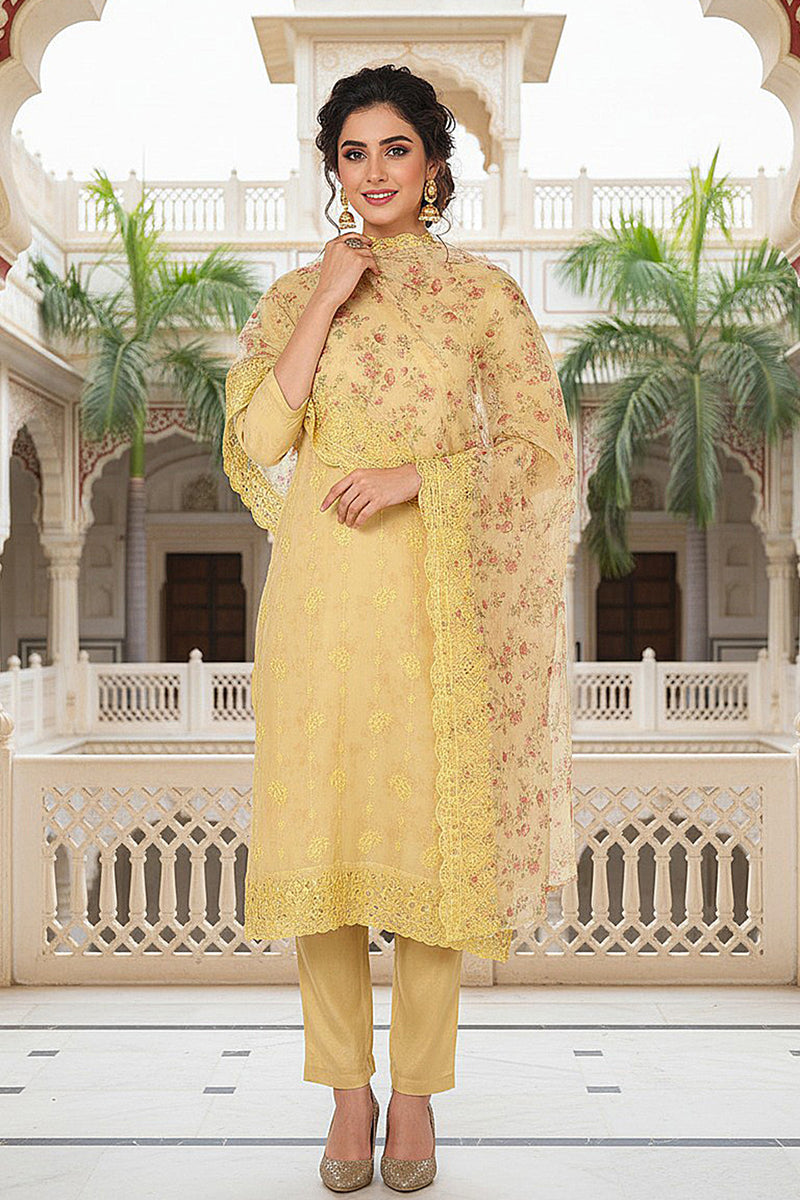 Yellow Organza Floral Embroidered Straight Suit Set PKSKD2086