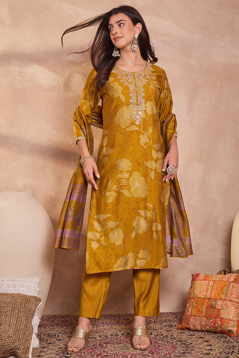 Mustard Silk Blend Floral Printed Straight Kurta Trouser With Dupatta PKSKD3217