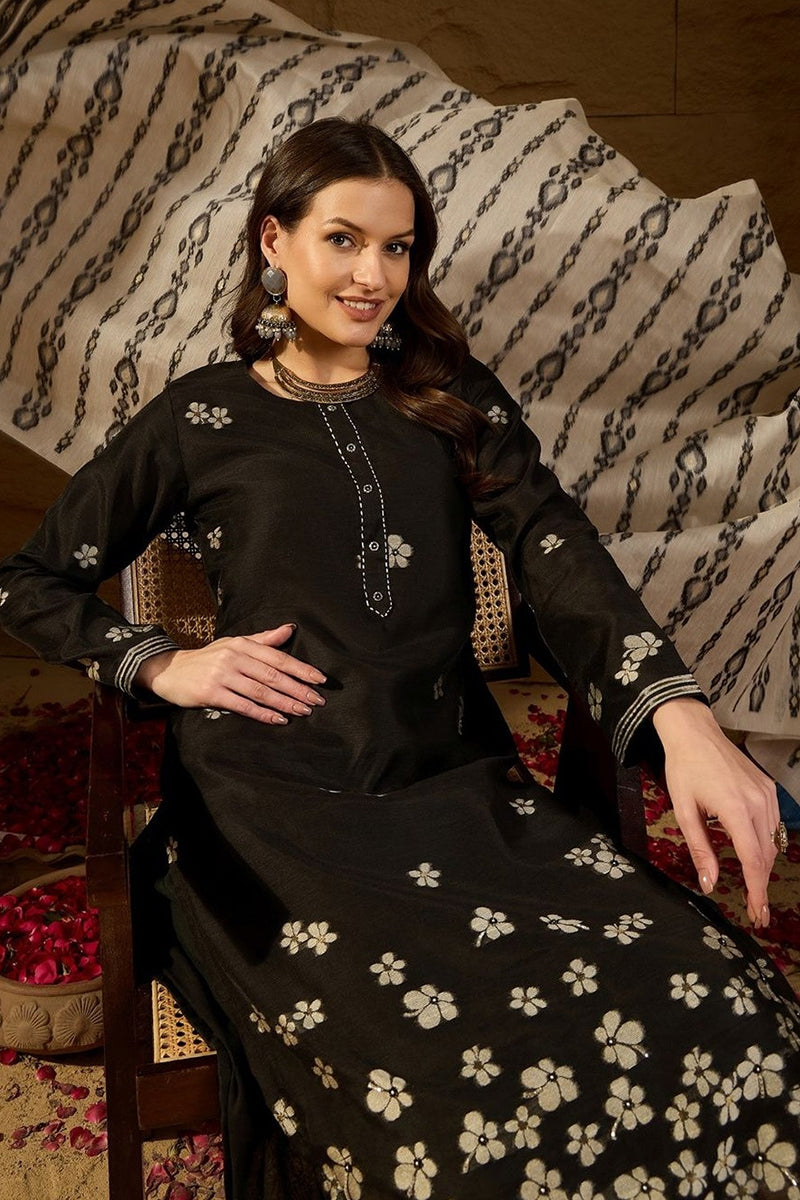 Black Poly Chanderi Solid Embroidered Straight Kurta Bottom and Dupatta PKSKD2900