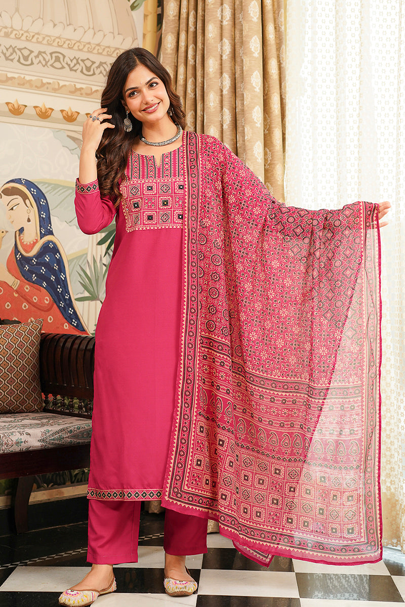Pink Cotton Blend Ajrakh Printed Straight Kurta Trousers With Dupatta PKSKD3069