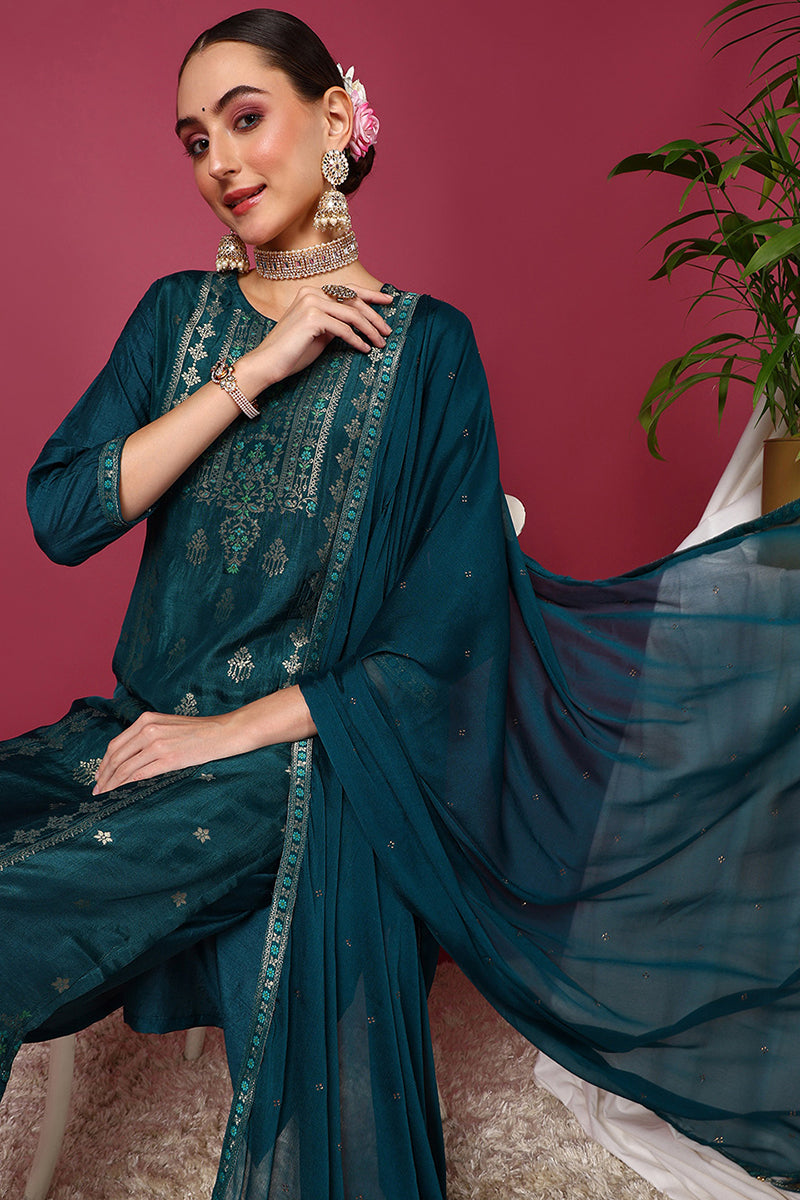 Teal Silk Blend Ethnic Motifs Woven Design Straight Suit Set PKSKD1780