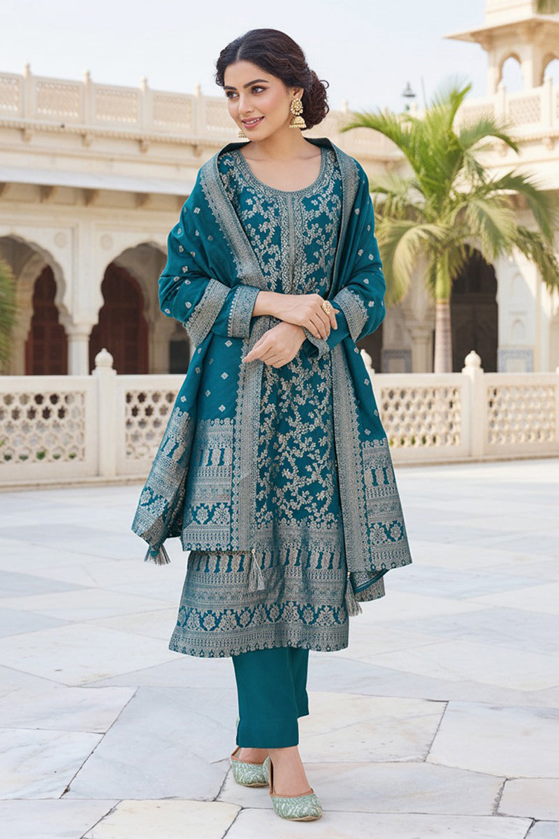 Teal Blue Poly Chanderi Solid Woven Design Straight Trouser Suit Set PKSKD2628