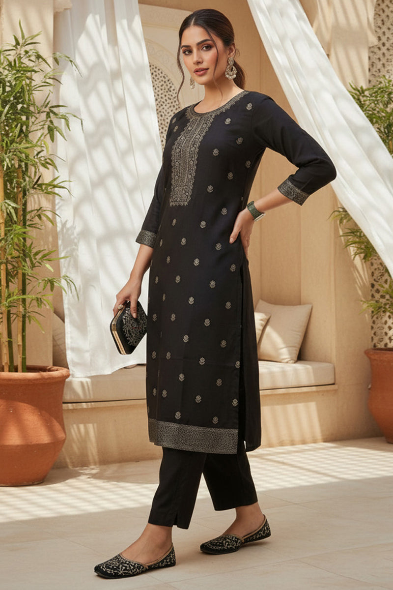 Black Silk Blend Ethnic Motifs Stoning Straight Kurta Trouser with Dupatta SKSKD3089